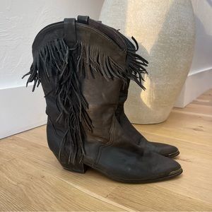 Acme Black Leather Fringe Cowboy Cowgirl Vintage Western Boho Calf Boots Shoes